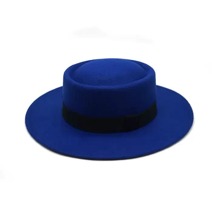 Chapeaux Fedoras larges vintage pour femmes, haut plat, ruban noir, casquette anderJazz décontractée