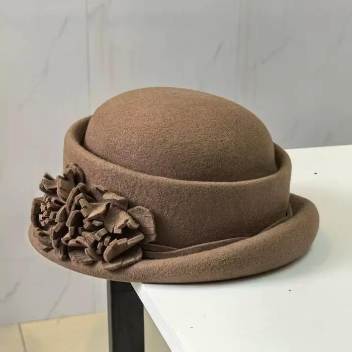 Casquette Fedora en feutre de laine fleur de camélia 3D pour femmes, élégante, Style français, hiver