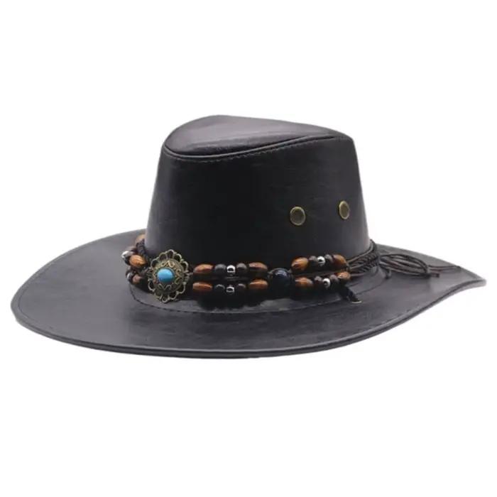 Chapeau de cowboy western en cuir PU avec cordon de serrage, grand bord, chapeau de pêcheur, chapeau