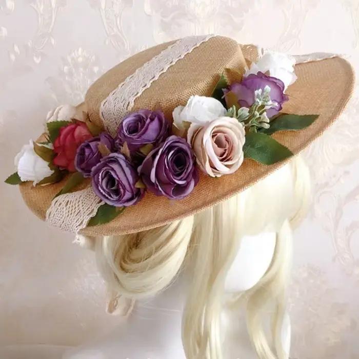 Chapeau d'été pour femmes, chapeau fête thé, en plein air, décor floral, pare-soleil plat,