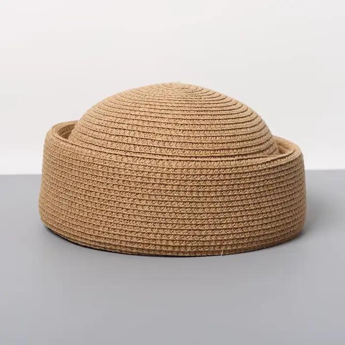Chapeau marron style pillbox, Béret en paille d'été, Chapeaux de soleil, Chapeaux de mode rétro fran
