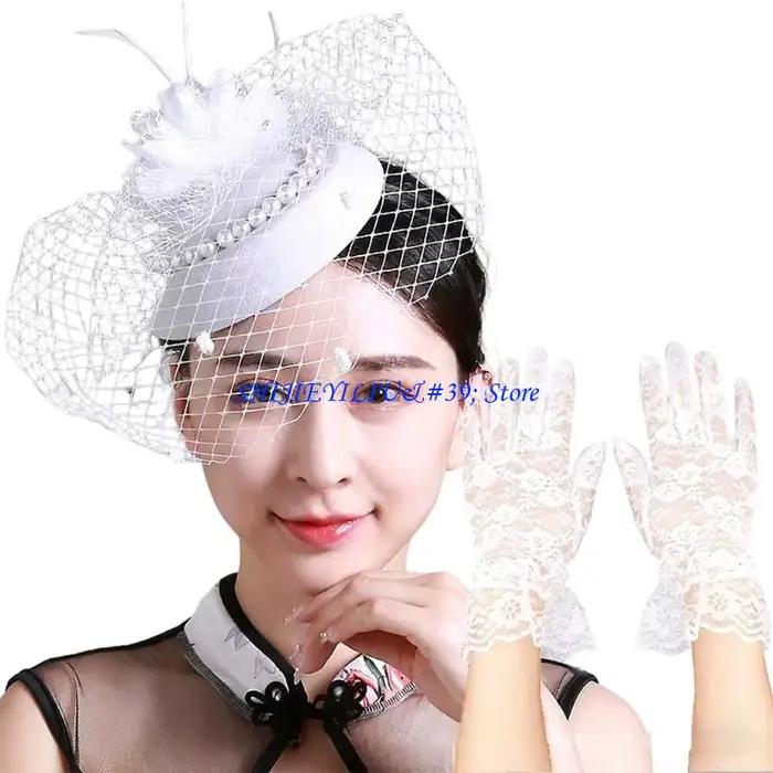 E21F – chapeau à pince à cheveux pour Cocktail, avec gants en dentelle, pour occasions formelles, ra