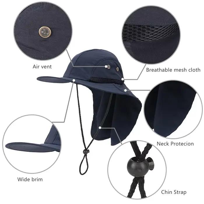 Chapeau de randonnée unisexe à large bord, casquette de protection solaire UV, rabat de cou, pêche,