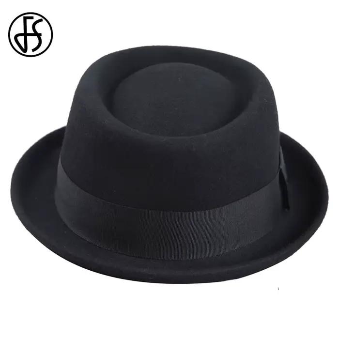 Chapeau de tarte de porc vintage pour hommes, feutre de laine à large bord, noir Fedora Church Jazz