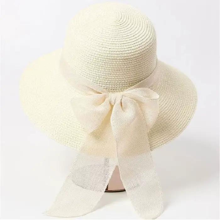Chapeau de soleil d'été pour femme, style britannique, en paille tressée, avec nœud et ruban, protec