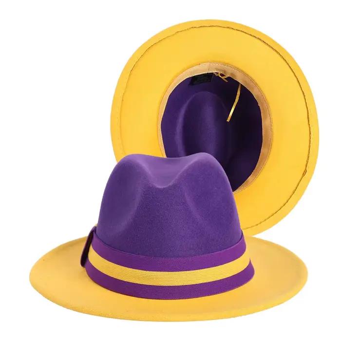 QBHAT-Chapeau Fedora Patchwork Jazz jaune et violet, chapeau de gentleman de fête d'équitation, casq