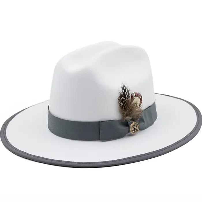 Chapeau Fedora blanc en fausse laine pour homme et femme, avec bande de plumes, élégant, à bord plat