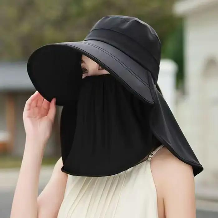 ❃ Chapeau de pêcheur à large bord pliable anti-UV avec masque facial intégré réglable, chapeau de so