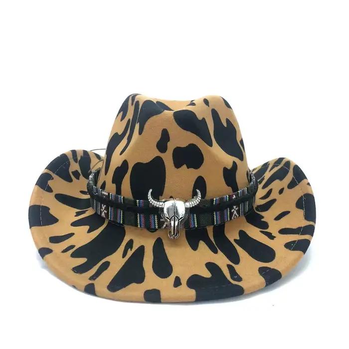 Chapeau de cowboy à motif de vache jazz, chapeau en feutre de chevalier monochrome à bord incurvé po