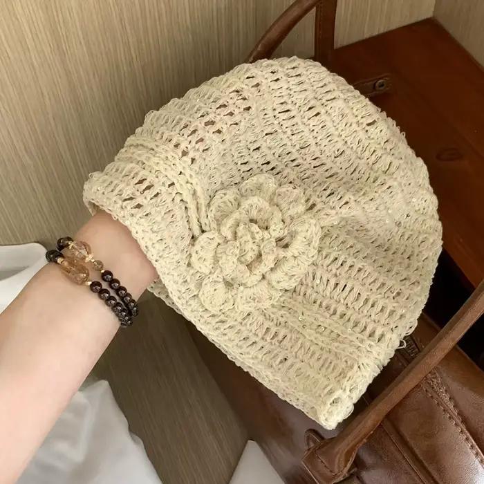 Ins – bonnet tricoté à paillettes creuses pour femmes, tissé à la main, fleur, fin, décontracté, pol