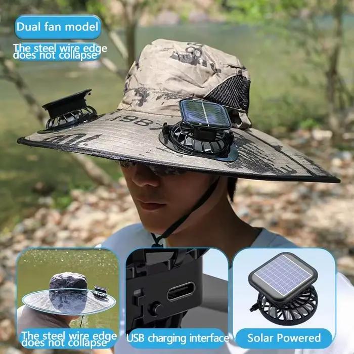 Chapeau solaire à double ventilateur à large bord, pour Camping en plein air, pêche, Anti-UV, pour h