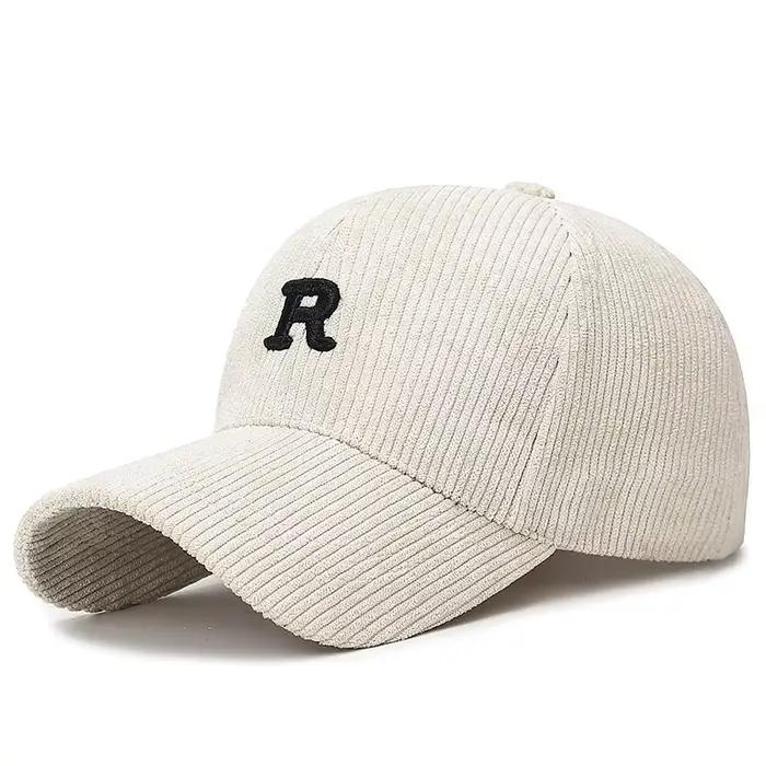 Casquette de baseball en velours côtelé avec lettre 'R' brodée en 3D, couleur unie, chapeau structur