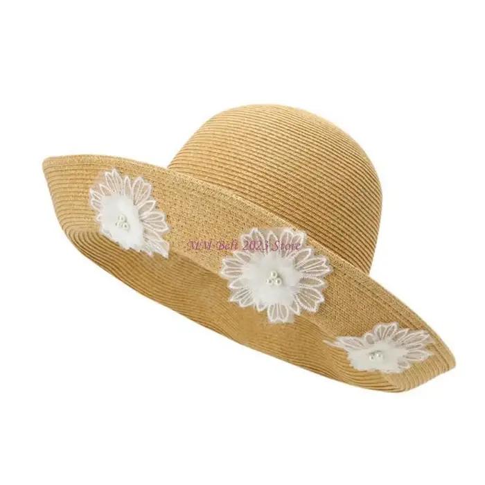 Chapeau en raphia à larges bords à mode 49ME avec design en dentelle complexe, parfait pour l'extéri