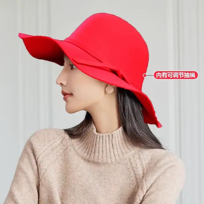 Chapeau pour femme à large bord, style rétro britannique, chapeau rond en laine coupe-vent, chapeau