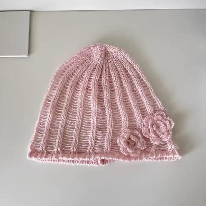 Ins doux 3D fleur conception creux rose tricoté chapeaux femmes printemps et été Niche personnalité