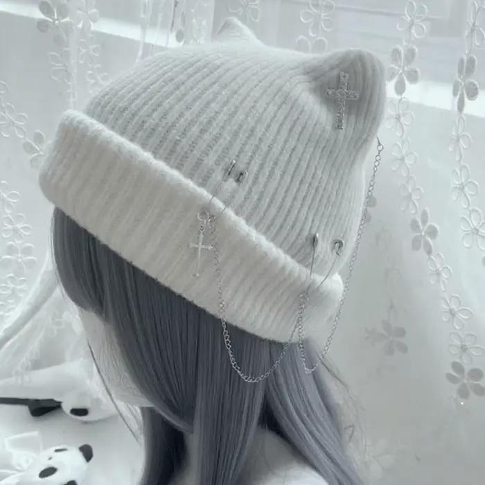 Chapeau en tricot gothique, couvre-chef de la sous-culture, décoration à épingle, chapeau à oreilles