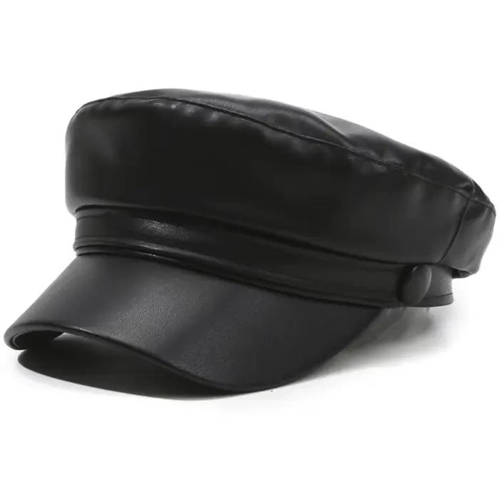 Béret classique à visière plate en cuir PU noir, style marin, chapeau de peintre punk, réglable