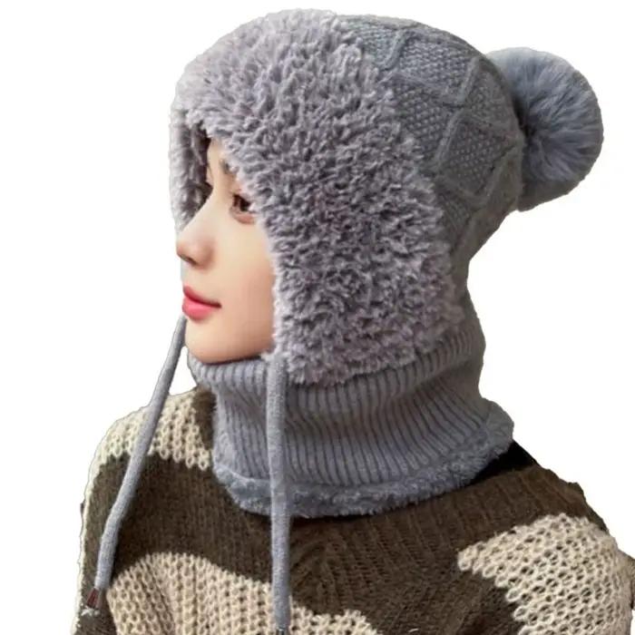 Femmes hiver velours tricoté laine cagoule chapeau Protection des oreilles moelleux chapeau masque c
