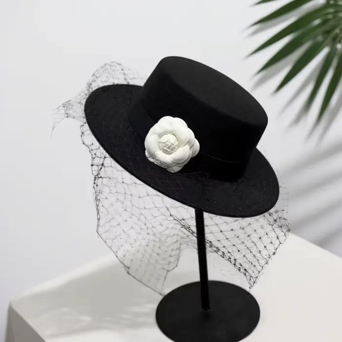 Hebe Style noir dentelle camélia chapeau élégant français noble à la mode plat haut-de-forme Chic ca