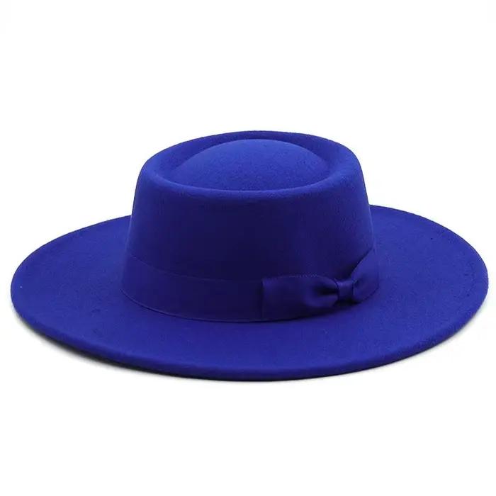 Chapeau rond à bord de 9,5 cm, couleur unie, style Fedora, avec nœud, chapeau plat de type canotier,