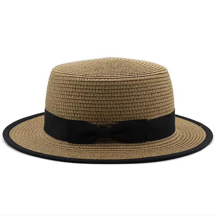 Chapeau de paille plat à bord de 7cm pour femme, chapeau plat d'été, chapeau de soleil, vacances en