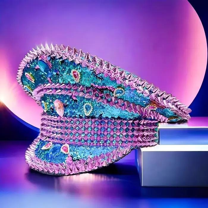 HongLuan Bleu Steampunk Capitaine Chapeau Strass pour Burning Man Festival Femme, Accessoires Milita
