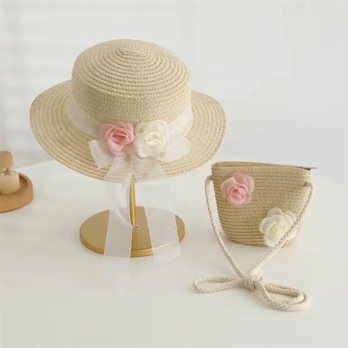 Chapeau de paille 2 pièces costume mignon et sac à bandoulière filles dessin animé ours enfants chap