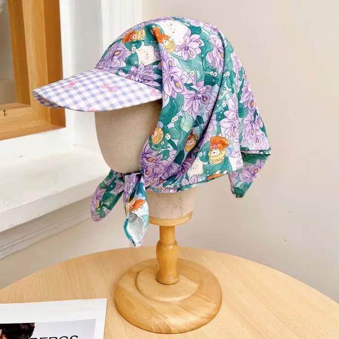 Casquette de baseball style français et campagnard avec foulard floral à carreaux, nœud doux et band