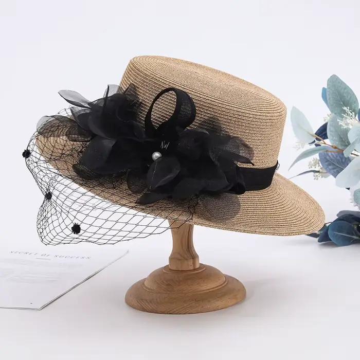 Chapeau de soleil en paille élégant style rétro avec filet anti-UV pour femme, motif floral d'été fr