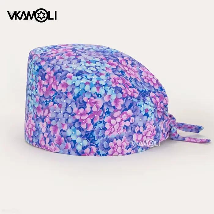 Belle fleur violette imprimé chapeau chirurgical 100% coton gommage casquette médical dentisterie mé