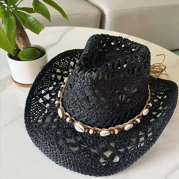 Chapeau de soleil vintage 2026 style bohème en paille pour femme et homme, avec coquillages, perles