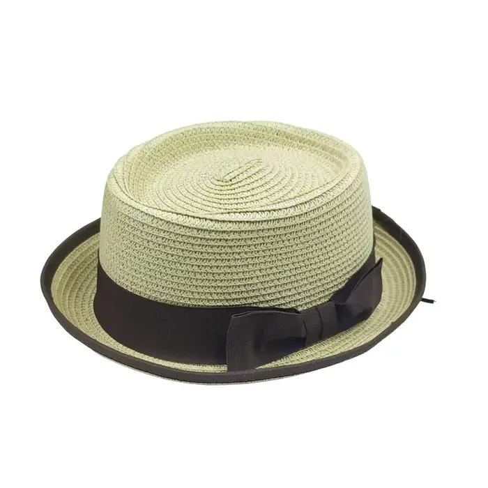 Chapeau Porkpie classique en paille pour homme et femme, chapeau à bord plat, chapeau de soleil en r