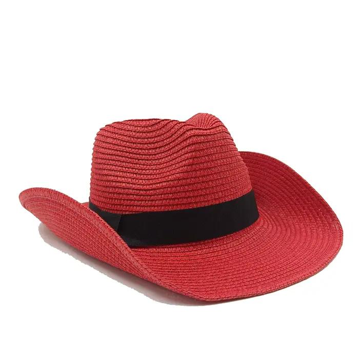 Chapeau de paille de cowboy western à bords larges, couvre-chef de chevalier, de melon al jazz, rose