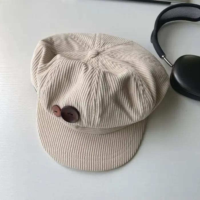 Béret Vintage en velours côtelé pour femmes, casquette octogonale à boutons coréens, chapeaux d'arti