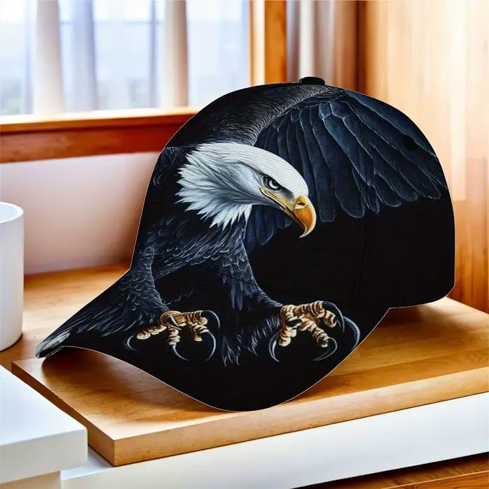 Une casquette de baseball avec un aigle majestueux en vol, dotée d'une sangle réglable. Ce chapeau l