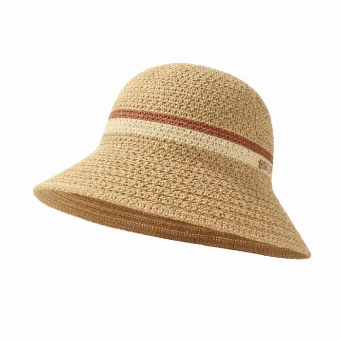 Chapeau Bob Tendance à Bord Plat et Large, Respirant, en Paille Creuse, Protection UV, Rayures Contr
