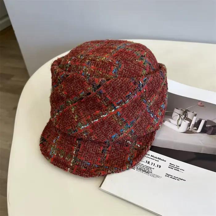 Chapeau équestre en Tweed français pour femmes, casquette chaude d'automne et d'hiver, plis littérai
