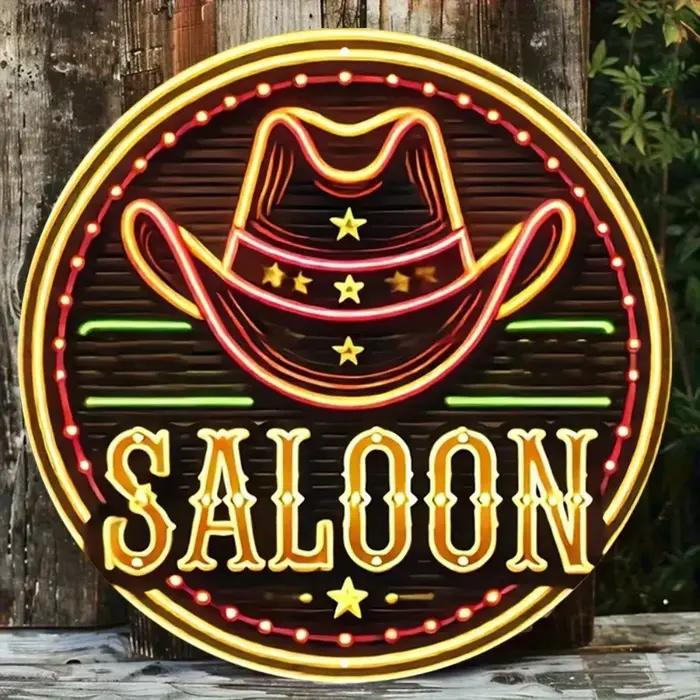 Panneau métallique rond style néon Chapeau de cowboy western, impression plate 2D, décoration murale