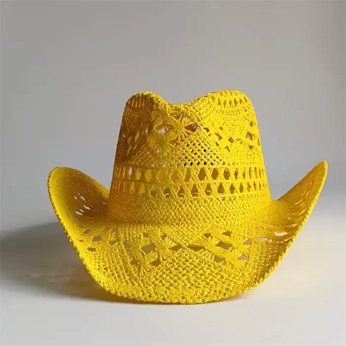 Chapeau de paille jaune Malan Flower, style cowboy, tressé à la main, ajouré, unisexe, chapeau de so