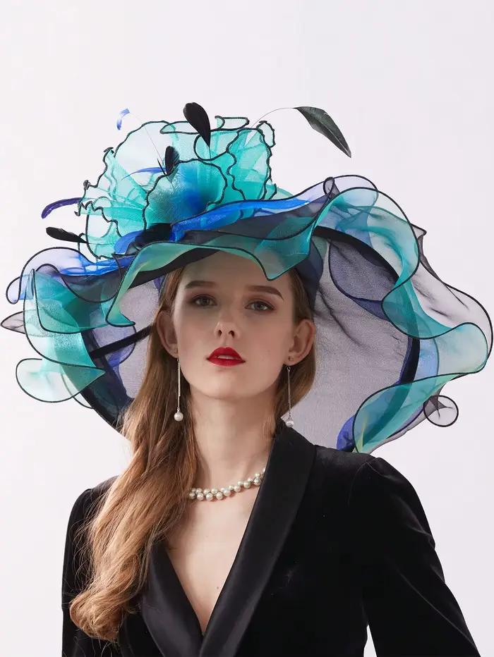 Chapeau Fascinateur Derby en Organza pour Femme, Fleurs à Large Bord, Élégant, Mariage, ixd'Église,