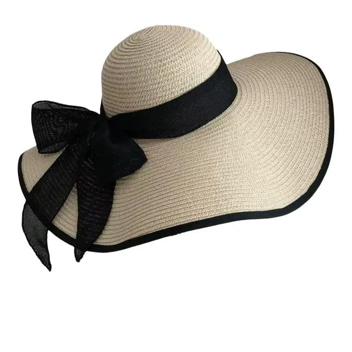 Chapeau de soleil décontracté en paille à large bord, avec nœud papillon surdimensionné et ruban tre
