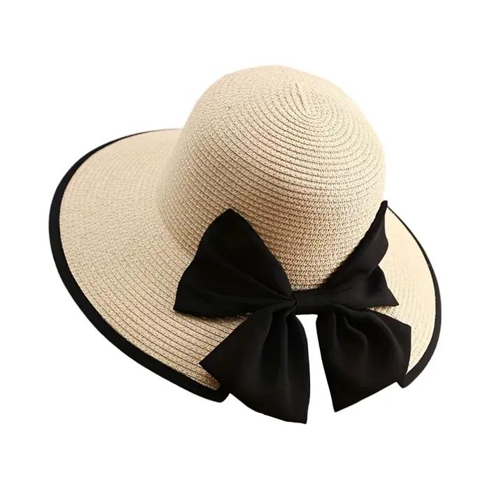 Chapeau de paille à large bord pour femmes avec nœud papillon, chapeau de soleil d'été, chapeaux de
