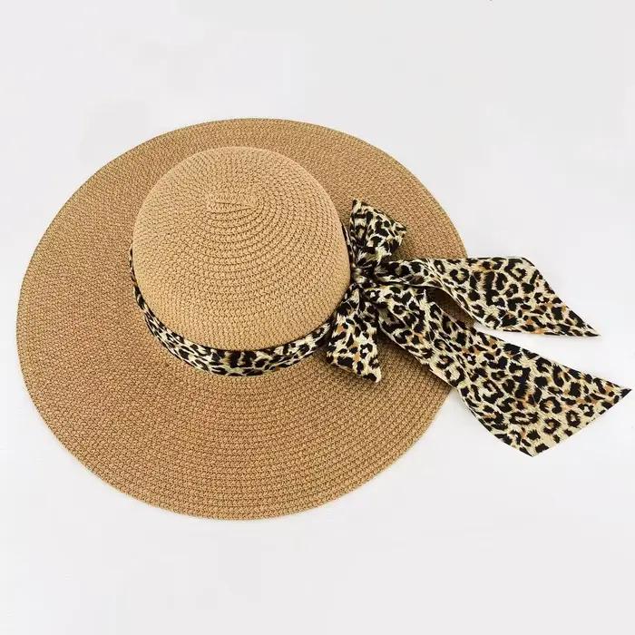 Chapeau de paille à imprimé léopard pour femme, chapeau de soleil à large bord avec nœud pour la pla