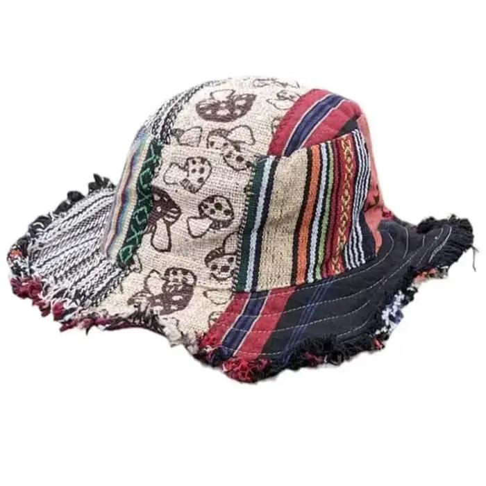 Chapeau de chanvre champignon multicolore en Patchwork, chapeau seau avec poche cachée, chapeaux pat