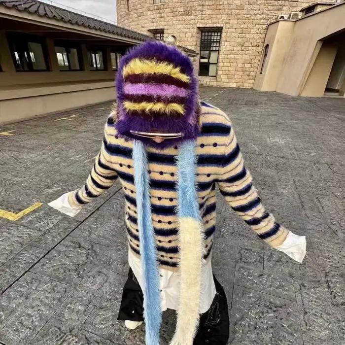 Cagoule en peluche mélangée de laine 2024, couleur contrastée, tricotée moelleuse pour femmes, prote
