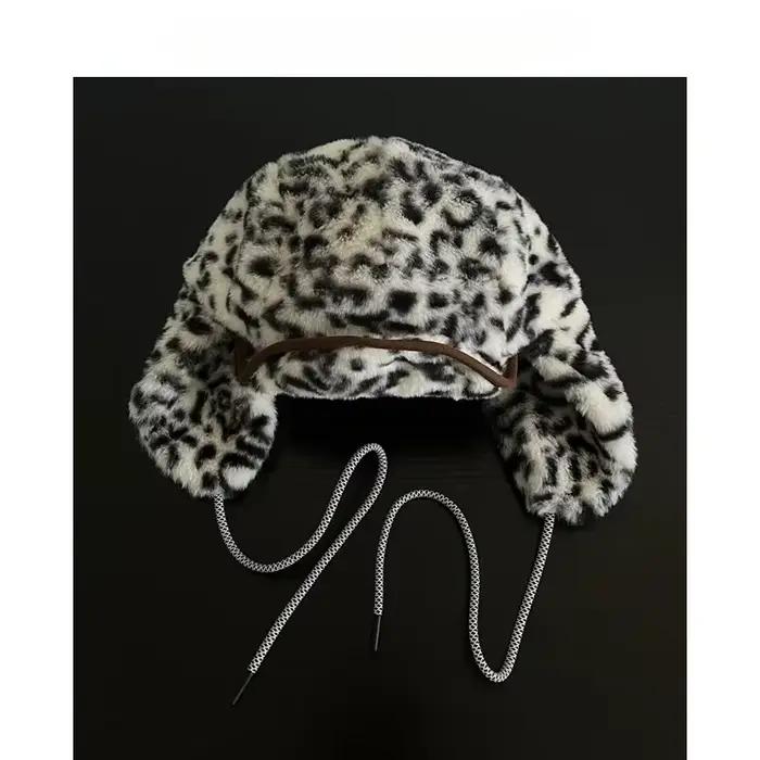 Chapeaux de pilote en peluche à imprimé léopard pour hommes et femmes, casquette aviateur moelleuse