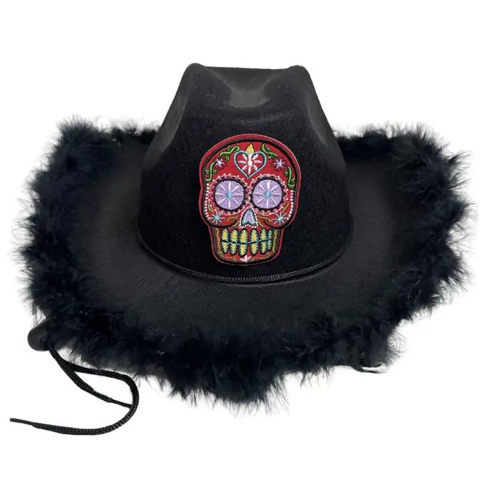 Chapeau de cowboy noir pour hommes et femmes, garniture en plumes, broderie de crâne, chapeau occide