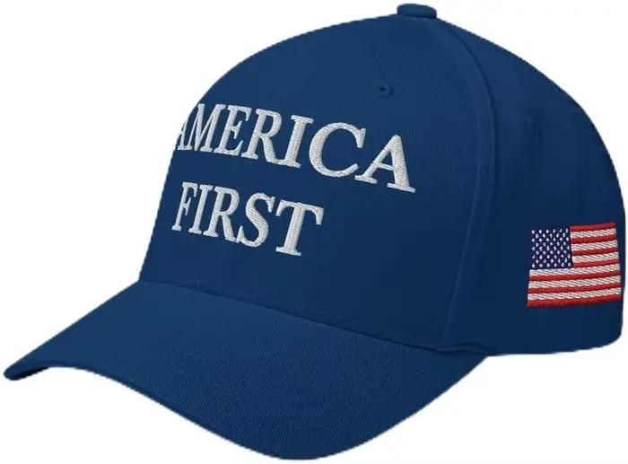 America First Hat - Casquette Flex Fit structurée brodée - Chapeau bleu royal drapeau patriotique de