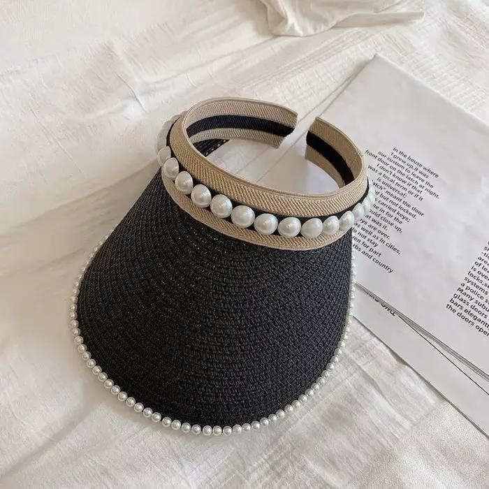 Chapeau de soleil en raphia pour femmes, à bord large, décoré de perles, élégant pour les voyages et