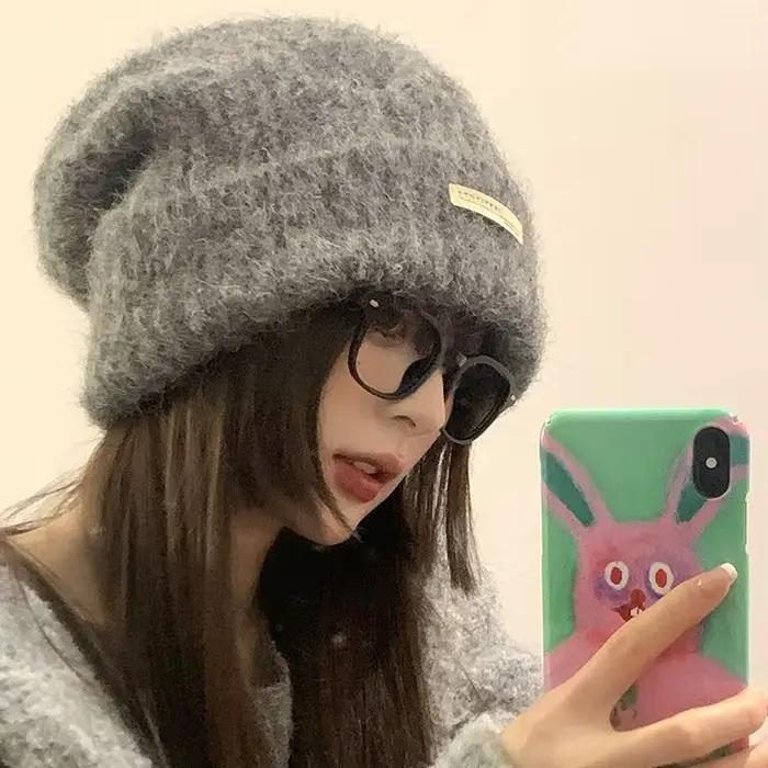 Bonnet tricoté en laine pour Couple, casquette chaude d'hiver avec rabat d'oreille, surdimensionné,